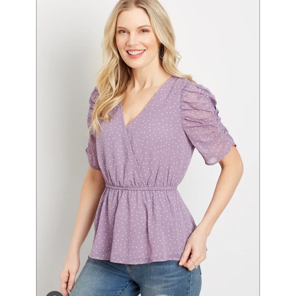 Maurices Top Womens Lg Purple Polka Dot Peplum Top Y2K